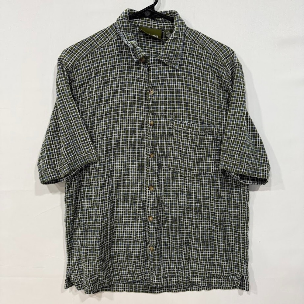 Jeep Button Up Shirt Men's L Green Plaid Short Sleeve Rayon Cotton Blend